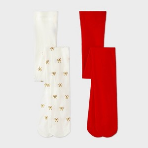Girls' 2pk Holiday Sparkly Bow Tights - Cat & Jack™ Ivory/Red - 1 of 3