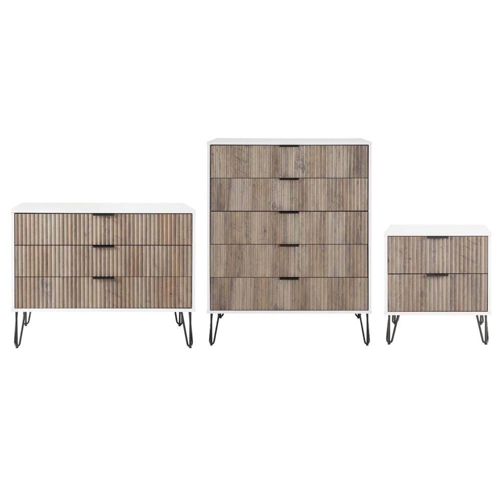 Manhattan Comfort Dumbo 3pc 5 Drawer Dresser, 3 Drawer Dresser and Nightstand Set White/Gray