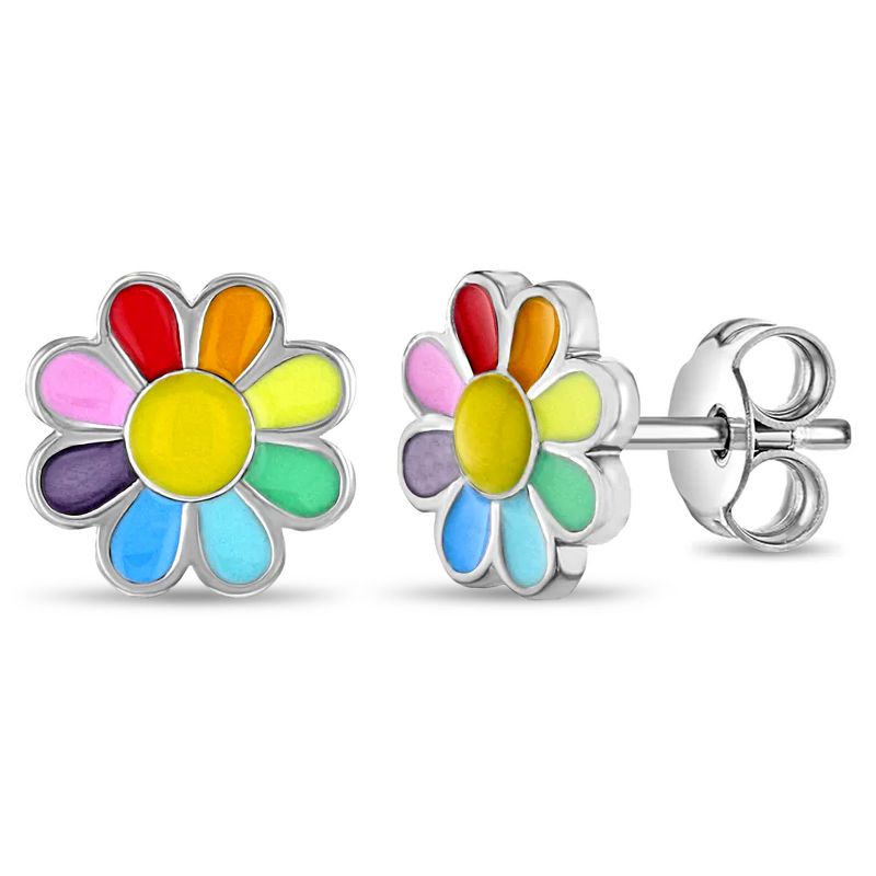 Girls' Rainbow Daisy Standard Sterling Silver Earrings - In Season Jewelry, 1 of 7
