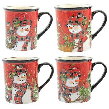 4.25 In Christmas Lodge Snowman Mug Pine Trees Birds Beverage Mugs