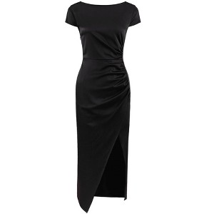 INSPIRE CHIC Women's Satin Boat Neck Cap Sleeve Side Split Ruched Party Dress - 1 of 4