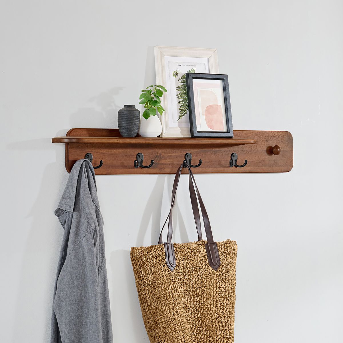 Alaterre Furniture Calais Coat Rack with Shelf, Wall Mount Shelf with 4 Coat Hooks and Peg, Acacia Wood Wall Hangers, Warm Chestnut - thumbnail 5