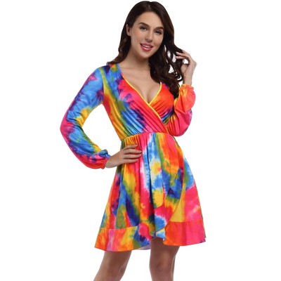 Women Deep V Neck Waist Skater Dress Long Sleeve Print Ruffle Hem Summer Dresses