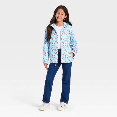 Cat & Jack Girls' Strawberry Floral Printed Rain Jacket - Cat & Jack™ Light Blue S — фото 3