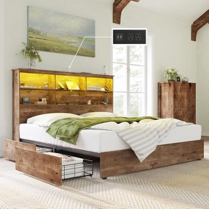 AMERLIFE Bed Frame with 51.2" Storage LED Bookcase Headboard, 4 Storage Drawers & Charging Station - 1 of 3