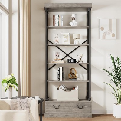 COUCHETA 73 Inch Tall 5-Tier Industrial Vintage  Bookshelf with Drawer - Rustic Farmhouse Storage Shelf, Brown & Metal