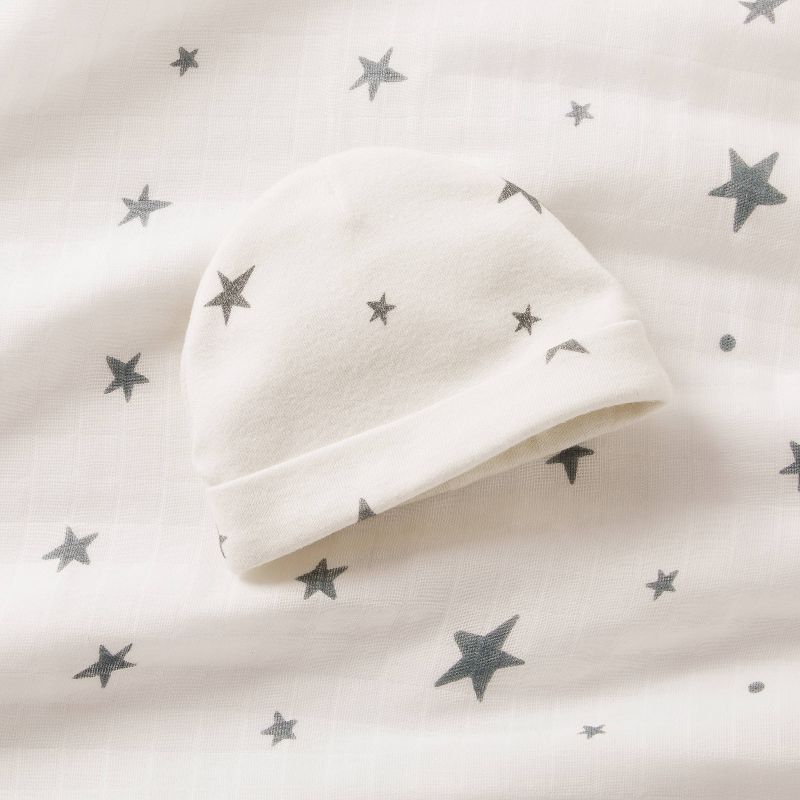 Hospital Muslin Swaddle Baby Blanket and Hat Gift Set - Cream and Gray Stars - 2pk - Cloud Island&#8482;, 4 of 10