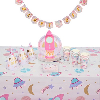 Blue Panda 100 Piece Pink Space Themed Party Supplies and Dinnerware Set for Girls Galaxy Themed Birthday, Serves 24