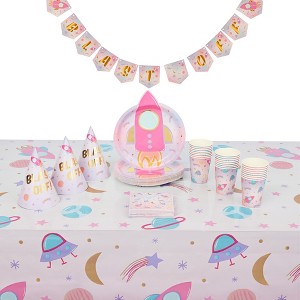 Blue Panda 100 Piece Pink Space Themed Party Supplies and Dinnerware Set for Girls Galaxy Themed Birthday, Serves 24 - 1 of 4