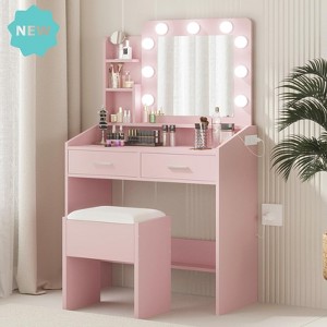 Jojoka Makeup Vanity Desk with Mirror and LED Lights, 9 Bulbs, Power Outlet, 2 Drawers, Shelves, Cushioned Stool, 3 Lighting Modes - 1 of 4