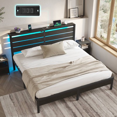 Greenstell Bed Frame with Headboard, Metal Platform Bed Frame with LED Lights & Charging Station, Under Bed Storage, Solid and Stable