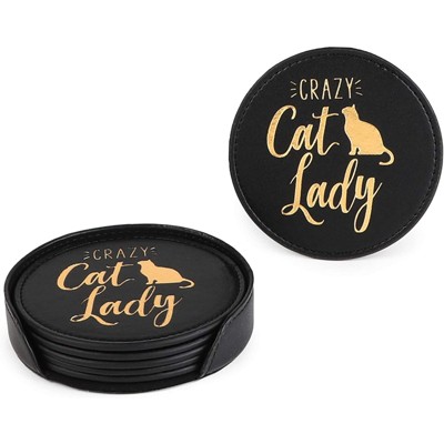 Juvale 6 Pack Crazy Cat Lady Leather Drink Coasters Set with Holder Stand, Black, Round 4 In