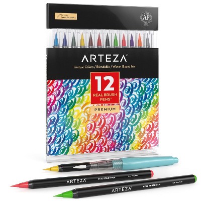 Arteza Blendable Ink Real Brush Tip Artist Brush Pens Set, Assorted Colors, Non-Toxic - 12 Pack (ARTZ-8190)