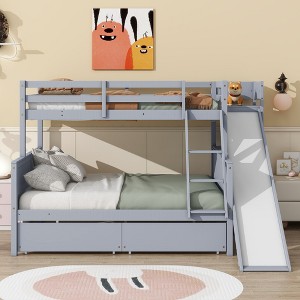 Twin over Full Bunk Bed with 2 Drawers, Shelves, Slide, Ladder, Safety Guardrails and Rubber Wood Frame, White/Grey-ModernLuxe - 1 of 4