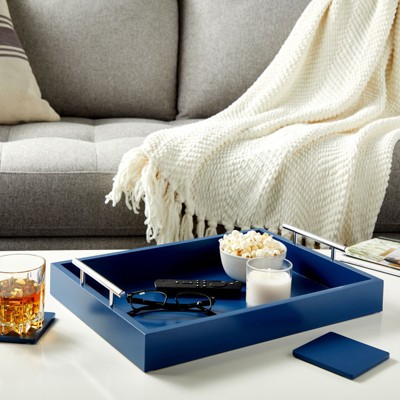 Blue Wooden Serving Tray with Gold and Silver Handles and Coasters