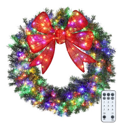 HOMCOM 36in Pre-Lit Christmas Wreath with 3D Red Bow, Christmas Wreath for Front Door with 11 Lighting Modes, 140 LED Lights