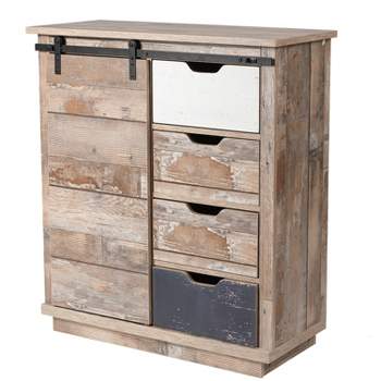 LuxenHome Rustic Wood 4-Drawer 1-Sliding Door Storage Cabinet. Brown