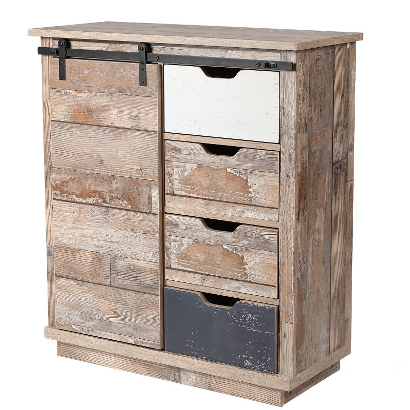 LuxenHome Rustic Wood 4-Drawer 1-Sliding Door Storage Cabinet. Brown, 1 of 12