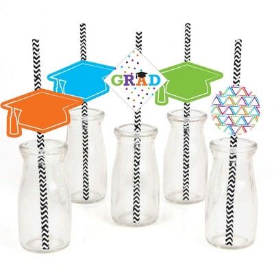 Big Dot of Happiness Hats Off Grad Paper Straw Decor - Graduation Party Striped Decorative Straws - Set of 24