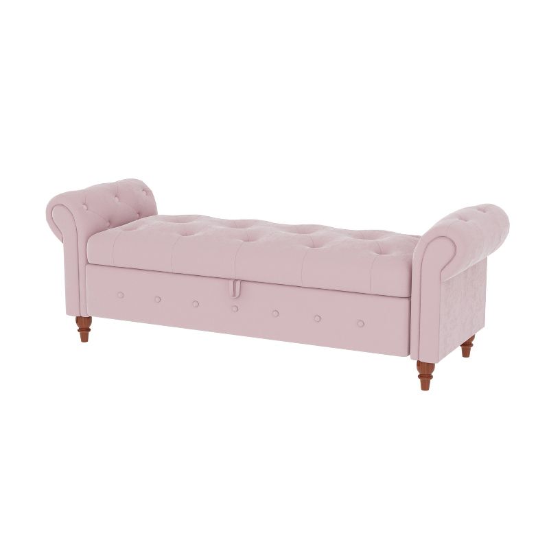 Cecily 63" Button-Tufted Large Storage Ottoman Upholstered Velvet Bench features rolled arms, window seating, and solid wood legs-Maison Boucle, 3 of 8