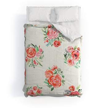 3pc King Sweet Roses Bouquet Watercolor Cotton Comforter & Sham Set Orange - Deny Designs