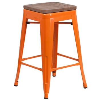 Emma and Oliver 24"H Backless Orange Metal Counter Height Stool with Wood Seat