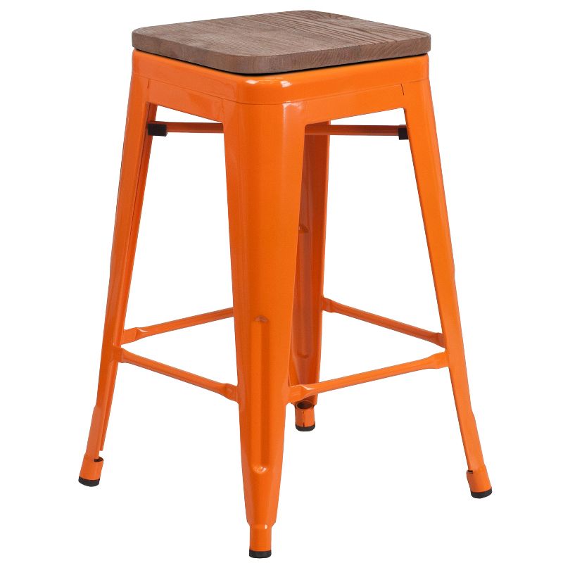 Emma and Oliver 24"H Backless Orange Metal Counter Height Stool with Wood Seat, 1 of 14