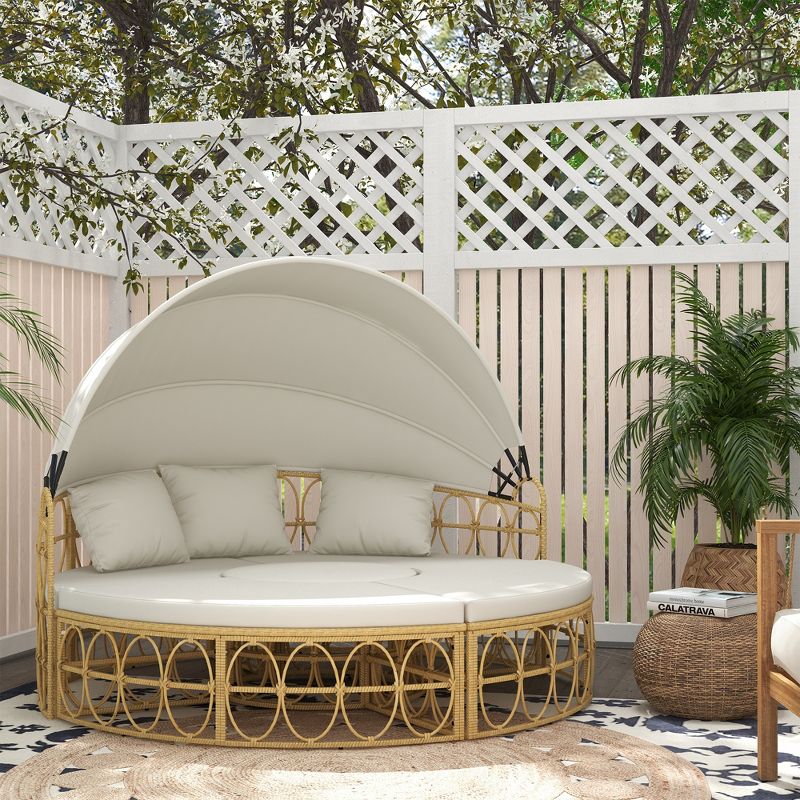 Outsunny 4 Piece Round Outdoor Daybed with Canopy, Cushioned PE Rattan Patio Furniture Set, Cream White, 2 of 7