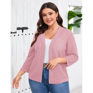 Coolmee Women's Plus Size Cardigan Hollow Out Summer Shawl Crochet Lightweight Cardigan 3/17 Sleeve Oversized Open Front Sweater Tops 4XL Pink - 1 of 4