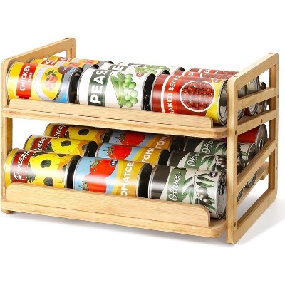 Rolling Bamboo Can Organizer Rack, Stackable Double-Layer Can Organizers for Pantry, Kitchen Cabinet