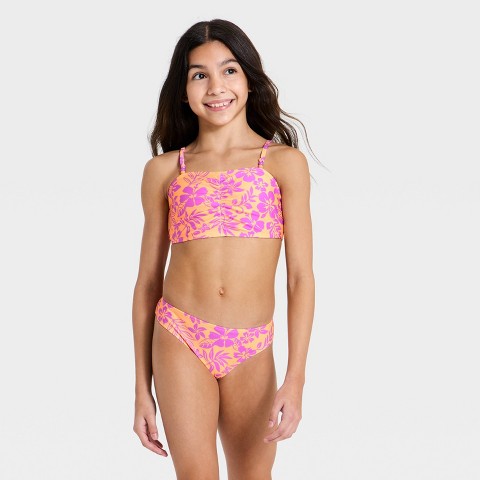 Art Class Girls' Hibiscus Ruched Bikini Set - art class™ Orange/Purple L