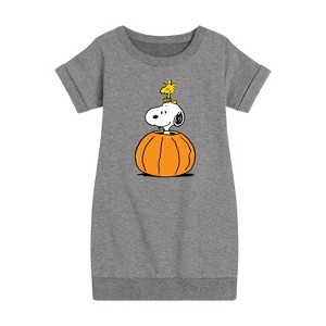 - Peanuts - Snoopy Woodstock Pumpkin Graphic Short Sleeve Fleece Dress - 1 of 4