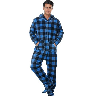ADR Men's Plush Fleece One Piece Hooded Footed Zipper Pajamas Set, Soft Adult Jumpsuit PJs with Hood