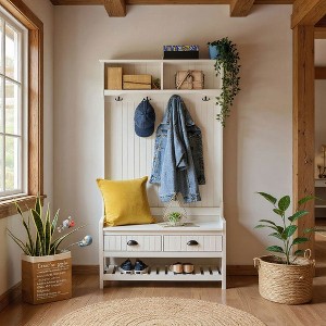 Resenkos 3-in-1 Hall Tree - Entryway/Mudroom Bench with Coat Rack, Shoe Rack, 2 Storage Drawers, 4 Hooks & Padded Seat, for Hallway, White - 1 of 4