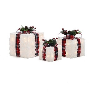 LuxenHome 3-Pc Lighted White Gift Box Set with Plaid Ribbon, Outdoor Christmas Holiday Decoration White, Red, Green - 1 of 4