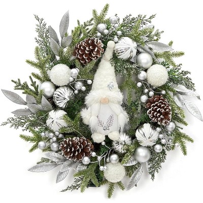 Pre-lit Christmas Wreath for Front Door, 22" Large Lighted Christmas Gnome Wreath, Winter Wreath with  Xmas Balls