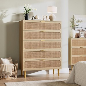 PB+PE Rattan Vertical 5-Drawer Cabinet (U7 5RDrawer002), Wood Tone, Space-Saving Vertical Style, Bedroom Cabinet - 1 of 4