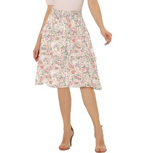 Allegra K Women's Floral Print Smocked Elastic Waist Midi Flowy Tiered Ruffle Skirt - 1 of 4