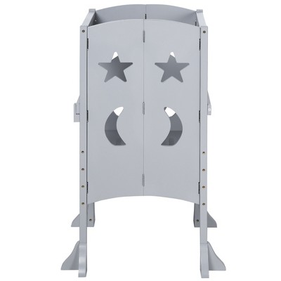 TopComfy Foldable Wooden Step Stool with Safety Rail and Support Handles for Kids Kitchen Bathroom Cooking Hand Washing, Grey, 40.7"*21.1"*4.9"