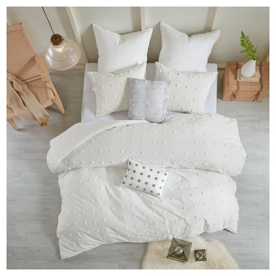 Off-White Cotton Jacquard Full/Queen Duvet Cover Set with Decorative Pillows