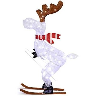 VINGLI Christmas Reindeer and Santa Sleigh Set, Lighted Reindeer Decorations with LED Lights, Light up Deer Christmas Decor, Plug-in, White
