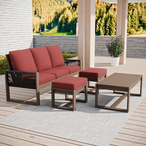 EAGLE PEAK 4 Pieces Natural Cedar Wood Conversation Set, Outdoor Patio Furniture with 2 Ottomans and Coffee Table - 1 of 4