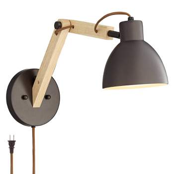 Barnes and Ivy Industrial Modern Wall Lamp with USB Dimmer Bronze Plug-in 6" Light Fixture Adjustable Wood Arm Metal Dome Shade for Bedroom Bathroom