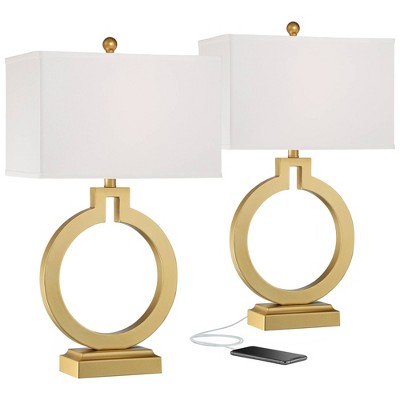 360 Lighting Modern Table Lamps Set of 2 with USB Charging Port Brushed Gold Open Ring White Rectangular Shade Living Room Bedroom