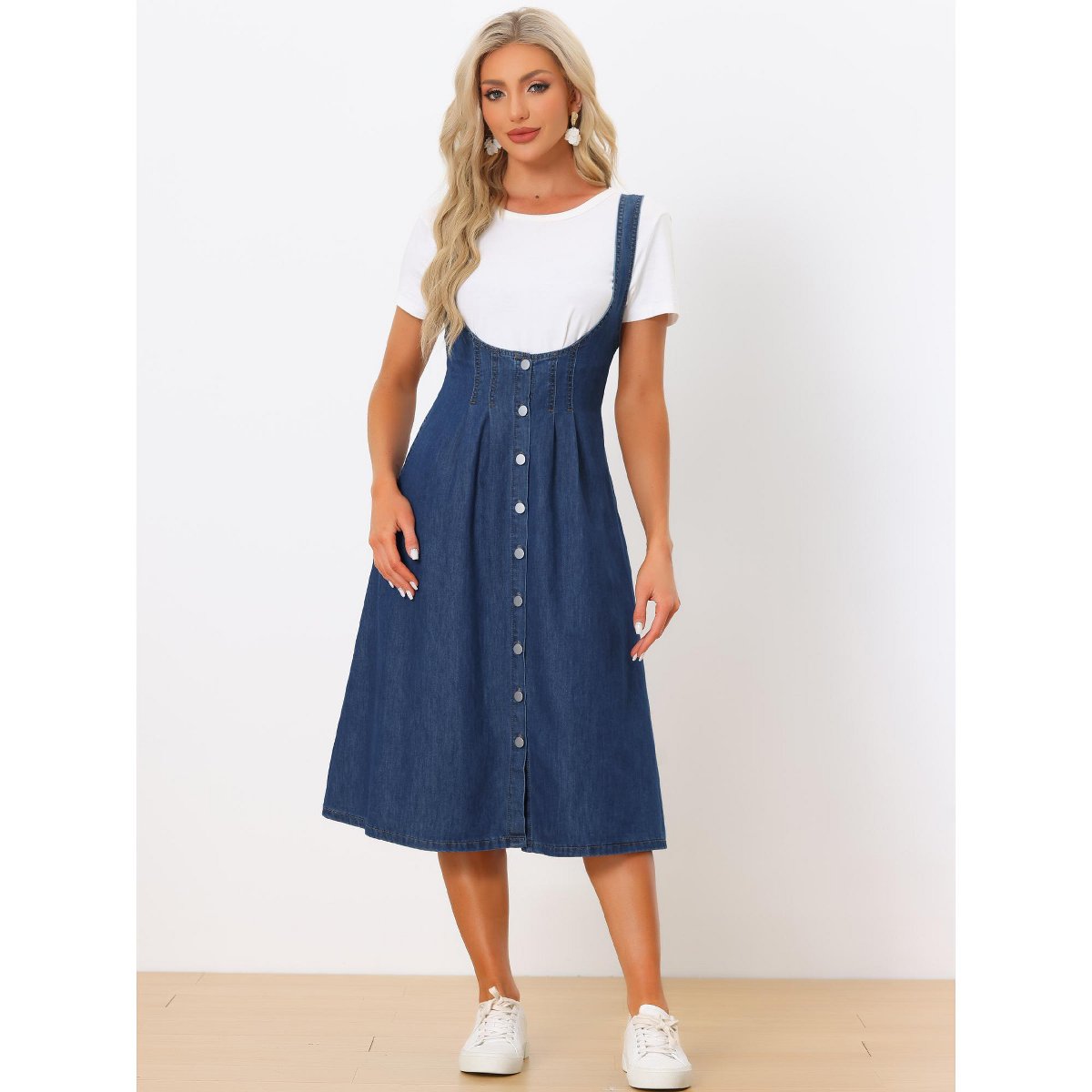 Женские платья INSPIRE CHIC Women's Button Front Classic U Neck Overall Denim Midi Dress with Pockets Large Dark Blue — фото 4