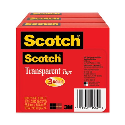Scotch Transparent Tape, 3" Core, 1" x 72 yds, Transparent, 3/Pack