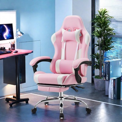FURNIinspire Task And Office Chairs PU Leather Computer Chair Desk Chair With Footrest And Lumbar Support, Pink And White, 28"*28"*52"