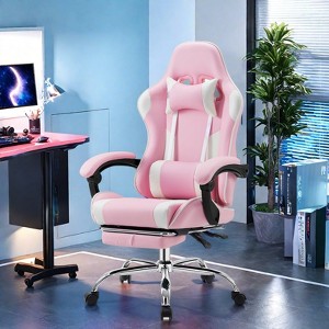 FURNIinspire Task And Office Chairs PU Leather Computer Chair Desk Chair With Footrest And Lumbar Support, Pink And White, 28"*28"*52" - 1 of 4