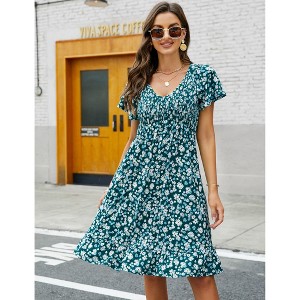 Women's Maternity Smocked Short Sleeve Summer Dress V Neck Boho Ruffle Casual Swing Midi Dress Baby Shower Photoshoot - 1 of 4
