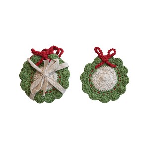 Storied Home Cotton Crocheted Wreath Shaped Coasters, Green, Red and White, Set of 4 - 1 of 3